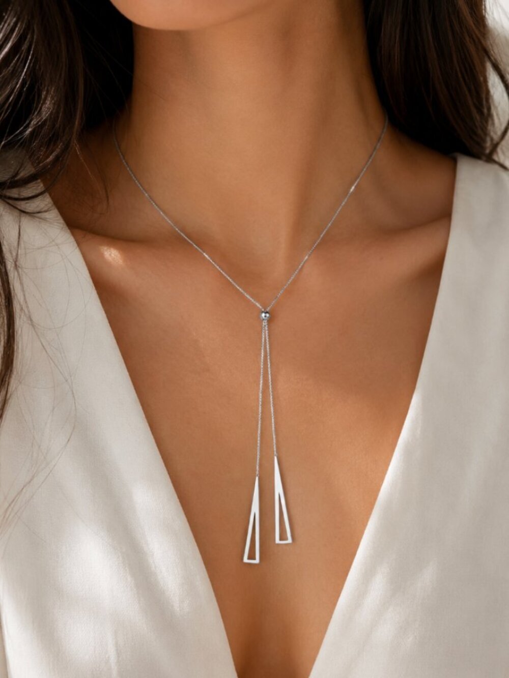 925 Sterling Silver Lariat Necklace Triangle Drop Necklace Box Chain Necklace